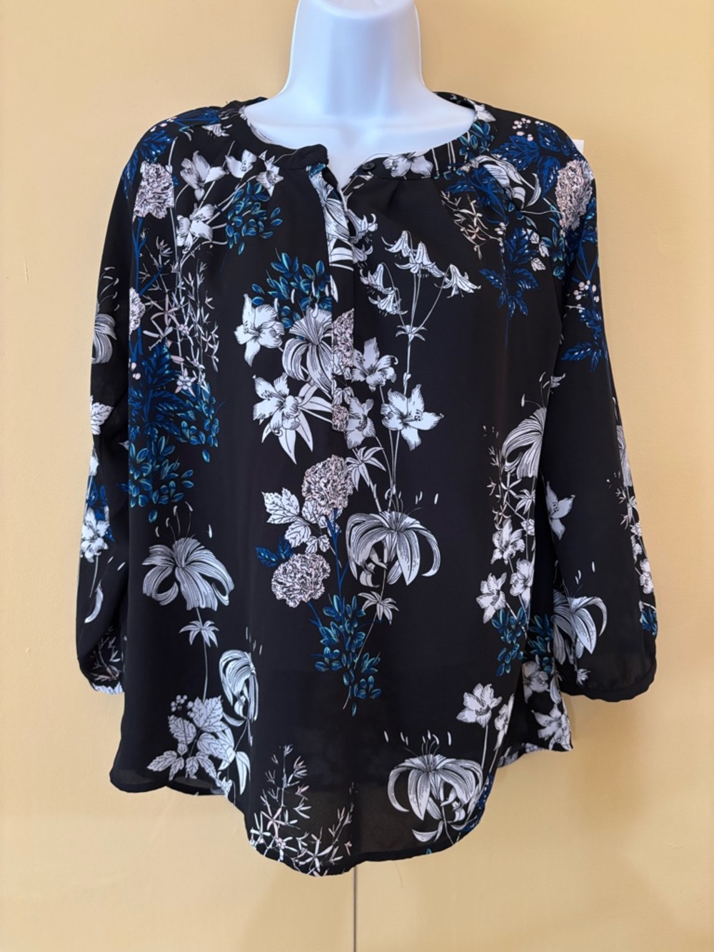 Banana Republic Black Floral Tie-Neck Blouse with Blue & White Print